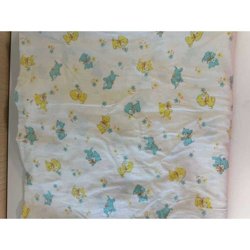 Vintage Cotton Crib Fitted Sheet Yellow & Teal Puppies Bears w/ Bows Flowers